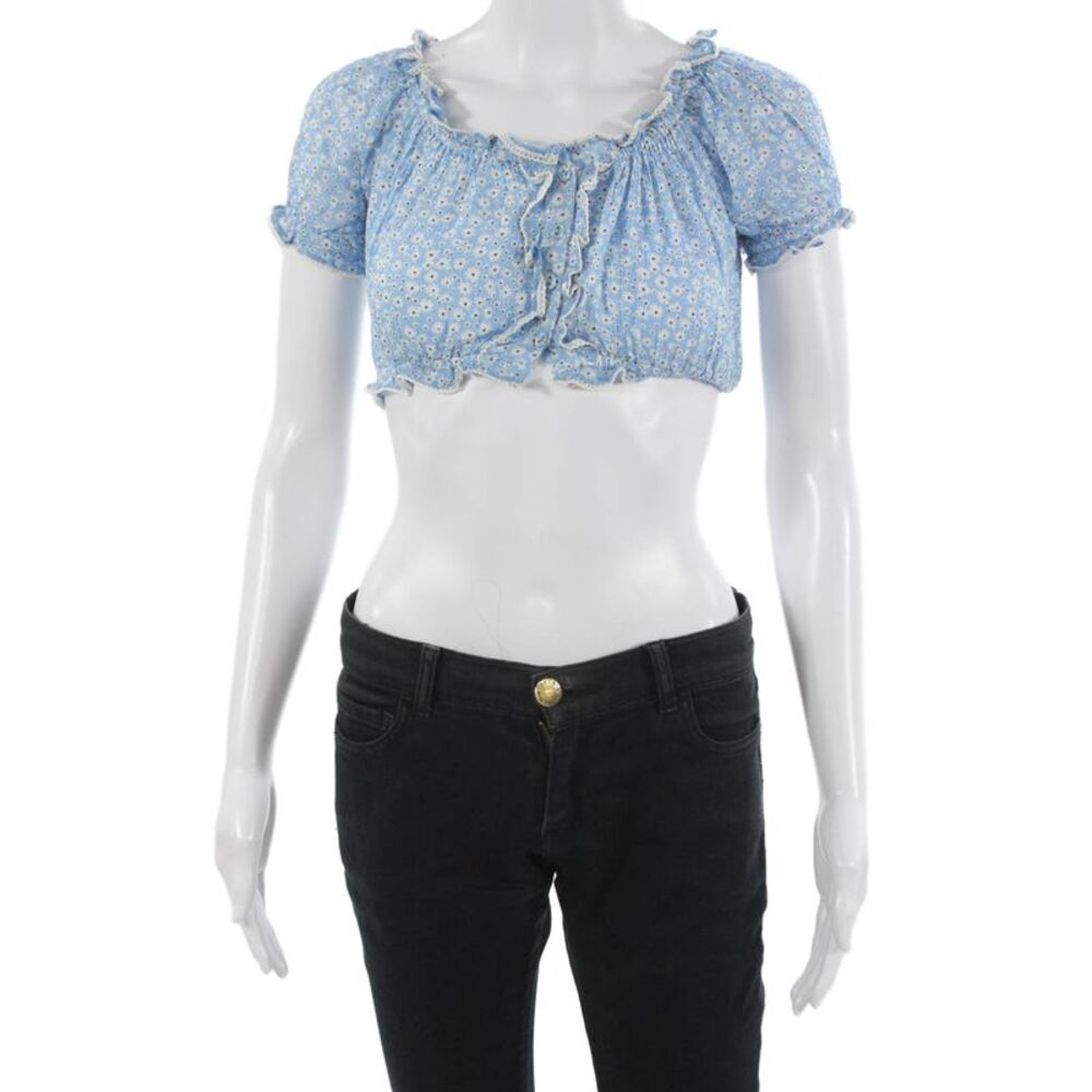 Sunday Saint Tropez Womens Cropped Floral Light Blue Blouse Short Sleeve Size S